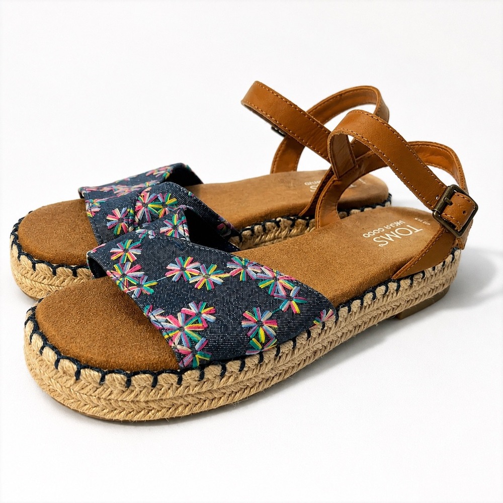 TOMS Monica Espadrille Platform Sandals Denim Floral Embroidery Tan Strap Sz 8